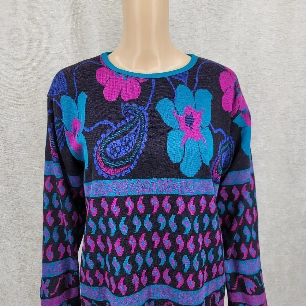 Cape Cod Vintage 80s Black Purple Teal  Floral Paisley Patterned Knit Sweater